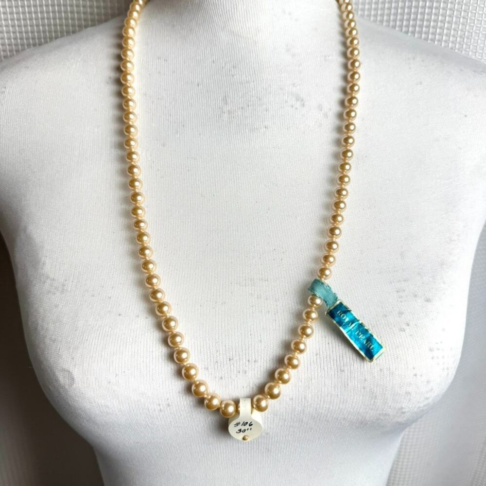 Vtg NOS Faux Royal Pearl Necklace 30" Hand Knotted Opera Length Gold Tone Clasp